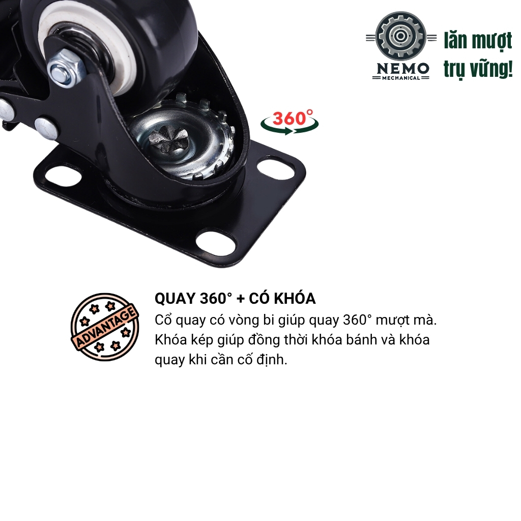 Bánh xe đẩy hàng đen trắng, mặt bích, có bạc đạn, đk bánh 4cm và 5cm, tải trọng 40-50kg/1bánh